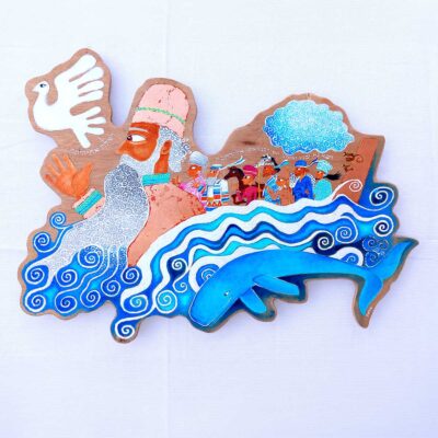 Noah and the Dove, with his family, in a colorful art piece: Wooden cut-out wall art.