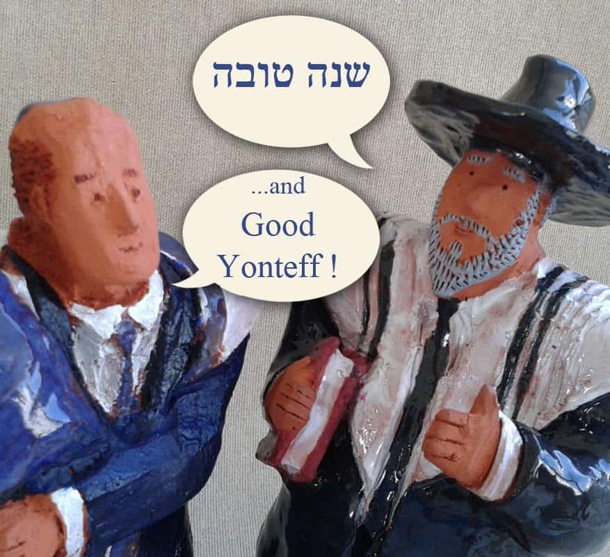 Shana Tova: Two ceramic Jewish people with Happy New Year captions