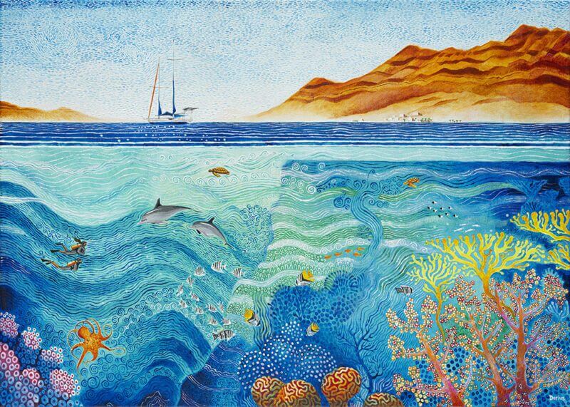 Red Sea coral painting, with dolphins and divers
