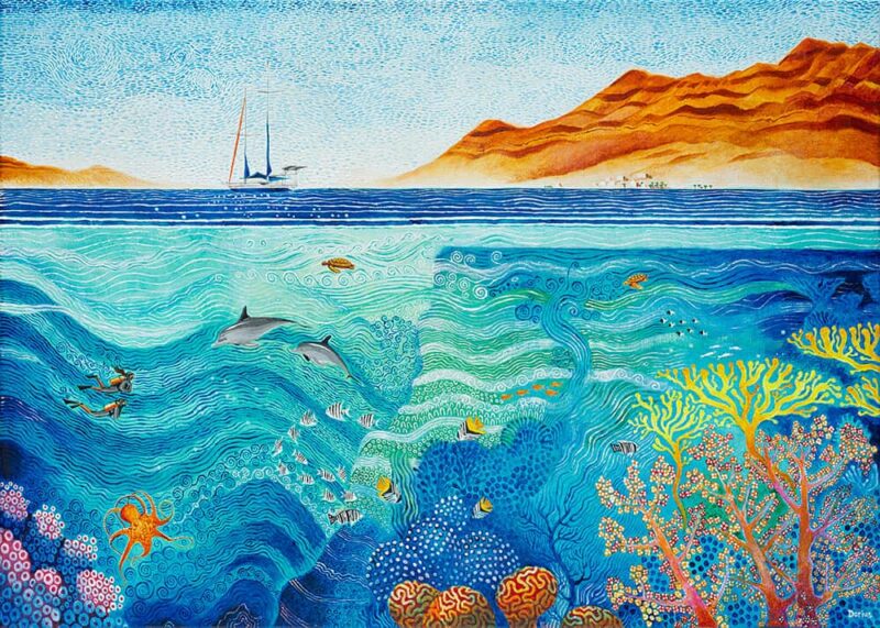 Red Sea coral painting, with dolphins and divers