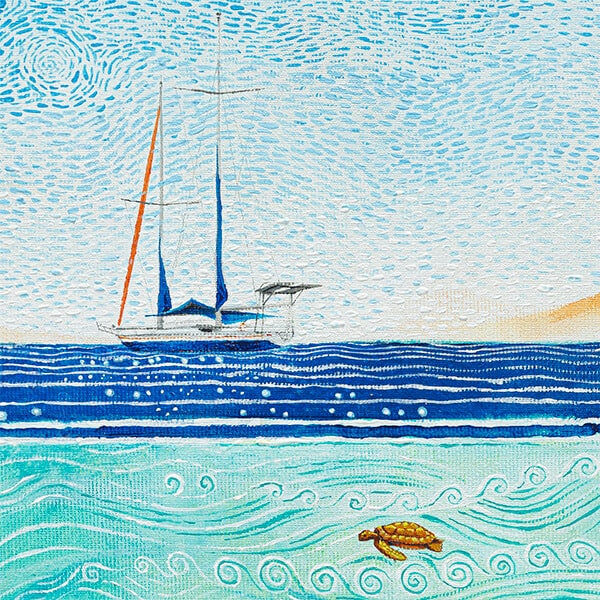 Red Sea coral painting (detail); a sea turtle swimming near the surface with a yacht in the near distance. Amel Super Maramu yacht.