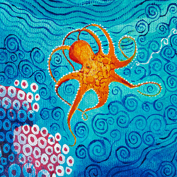 Red Sea coral painting (detail): Octopus swimming near pink coral