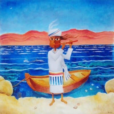 Contemporary naive Israeli art: Israeli naive art: A boy, a prince, a minstrel, plays his flute on the shores of the desert sea, the Red Sea, while fish swim in colourful coral, a dolphin glides past, and the prince's small boat floats on the crystal-clear water.