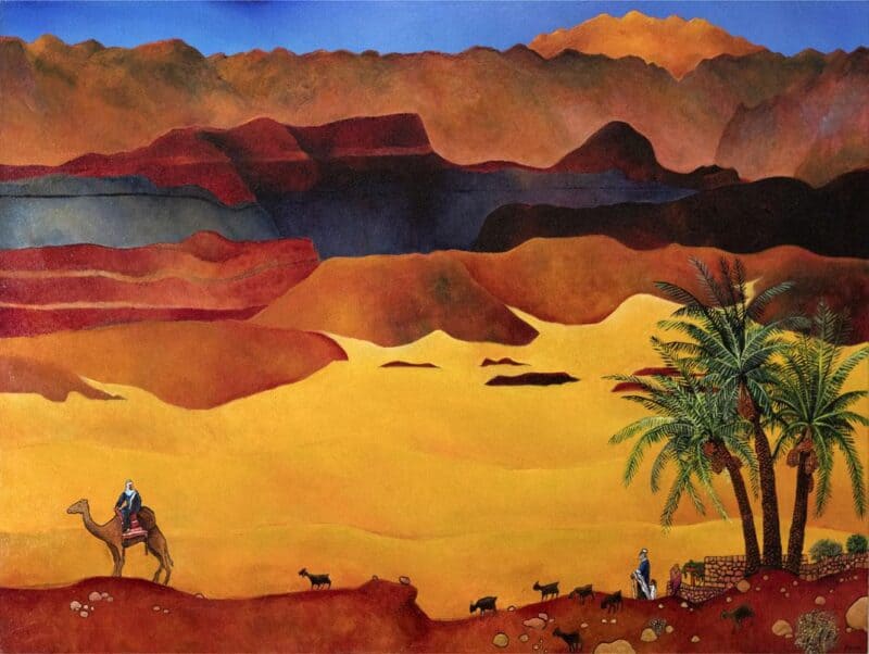 Biblical art: Zachor (Remember) - a leavetaking. Against a dramatic yellow-red desert backdrop, a solitary figure on a camel is about to depart. He looks back at his father.