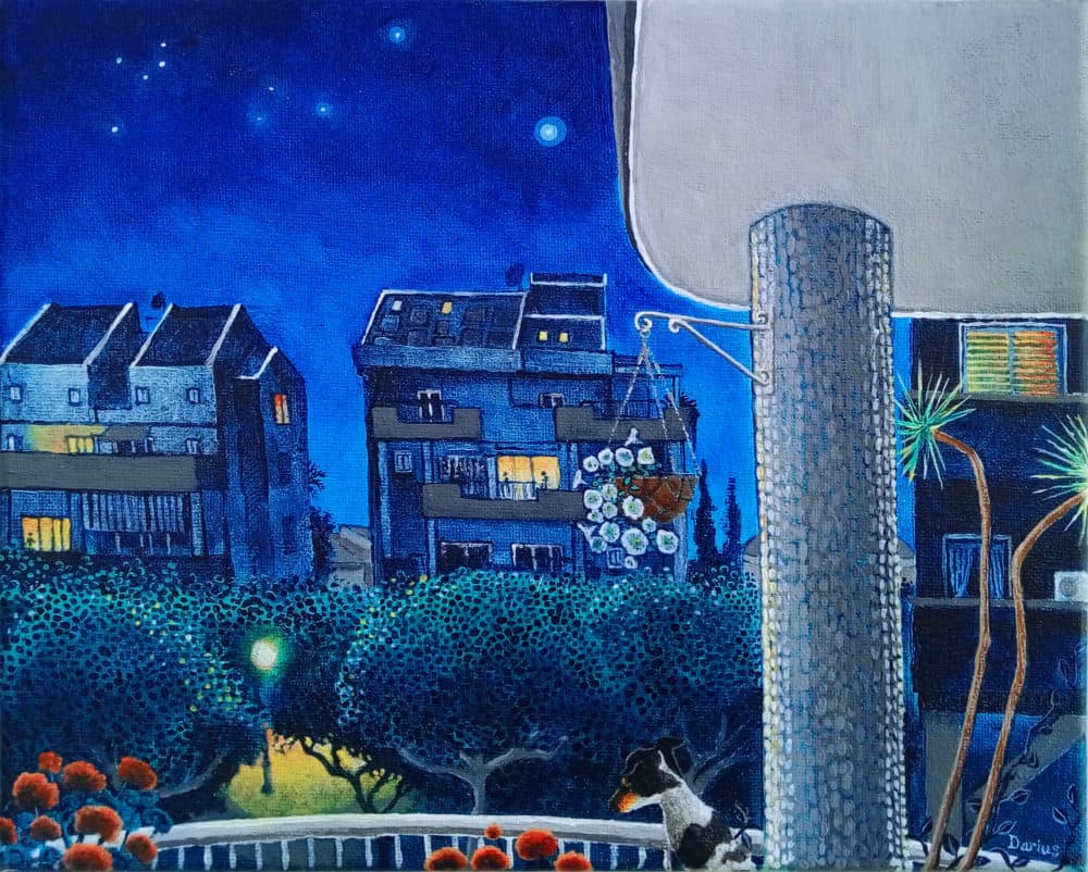 balcony painting, naive art israel, balcony gardening, nighttime neighbourhood view