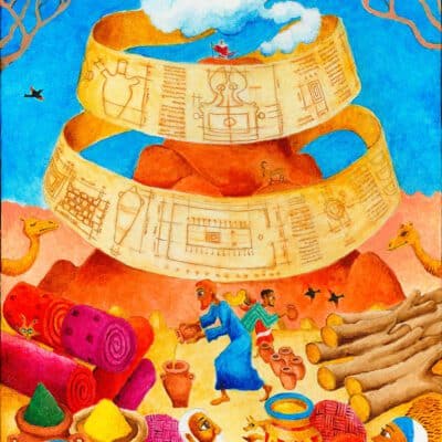Choosing the Perfect Gift: Parshat Teruma: Bible art from the Book of Exodus. Artwork showing the Hebrews giving gifts for the "Mishkan" (Tabernacle). Moses is shown atop Mount Sinai in the distance, surrounded by a scroll detailing the construction of the Tabernacle.