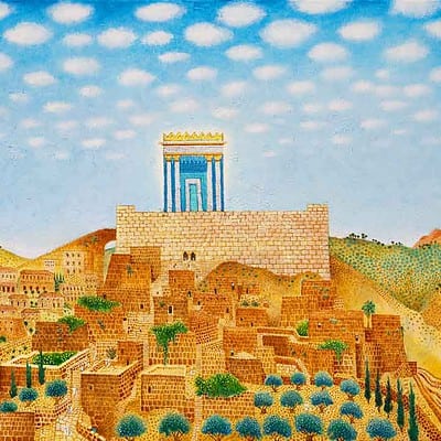 Beit Hamikdash artwork, a view of the Second Temple from the South, by Darius Gilmont