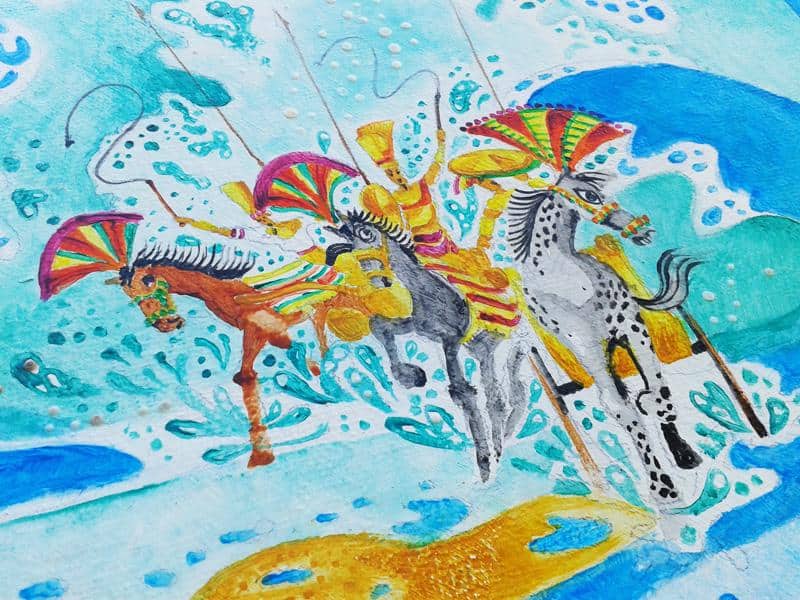 Original art Judaica: Pharaoh's chariots in the midst of the Red Sea.