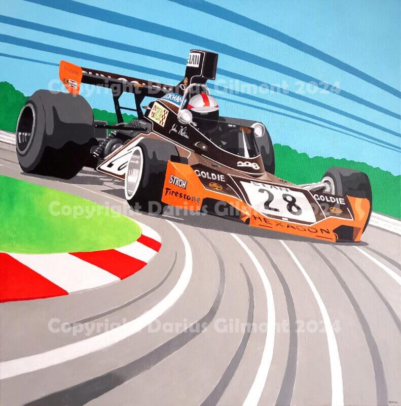 Brabham BT44 art: Formula 1 painting of John Watson's Goldie/Hexagon Brabham seen from a front three-quarters view on a racing curve.
