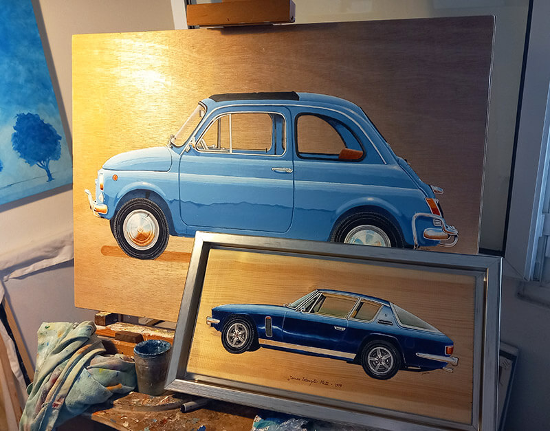Car paintings on easel: Fiat 500 and Jensen Interceptor