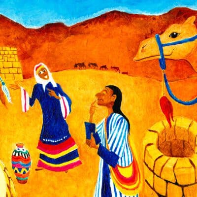 Chayi Sarah (parsha): artwork showing Rebecca at the well, meeting Eliezer the servant of Abraham. Naive artwork with camels!