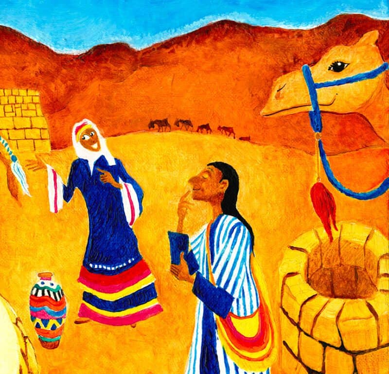 Chayi Sarah (parsha): artwork showing Rebecca at the well, meeting Eliezer the servant of Abraham. Naive artwork with camels!