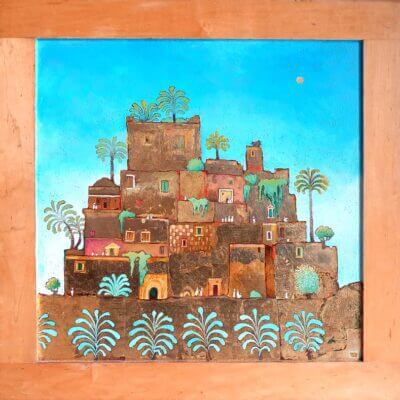 Biblical architecture: A Citadel: Original painting on wood panel: Oil and gold leaf on wood panel