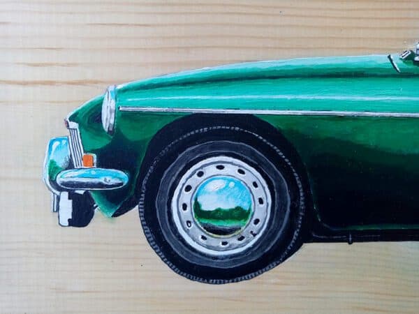 Classic car portrait on wood: MGB (front detail)