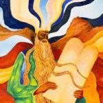 Contemporary Biblical art, Moses at Sinai with the two tablets. Colourful Bible art.
