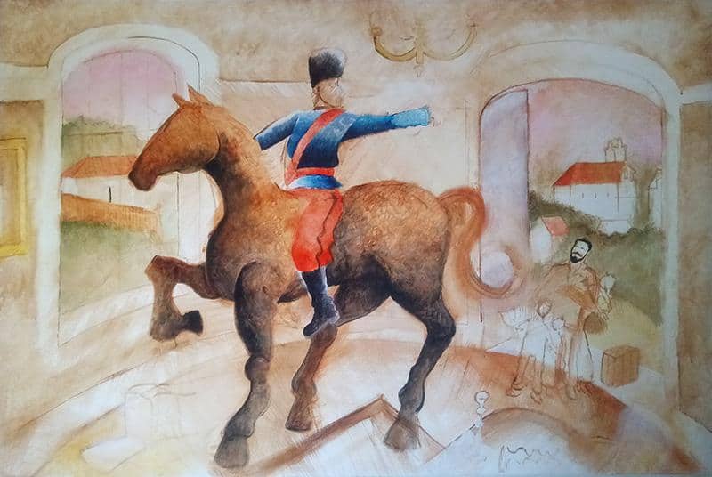Historical painting (sketch); showing Cossack horseman inside a house - underpainting.