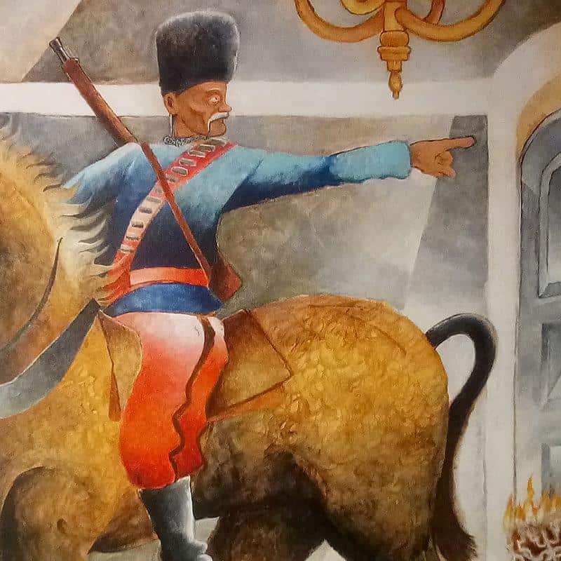Historical painting; cossack horseman 1914 on horse, commanding