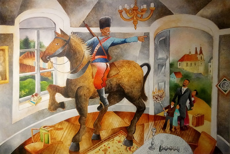 Historical painting showing Cossack horseman inside a house, commanding the family to leave their home