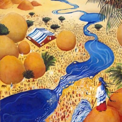 Chukat: illustrated Torah portions, Bible art, Old Testament art, Book of Numbers - Parshat Chukat - Moses has just hit the rock, and water gushes out, creating beautiful pools in the parched desert. The People celebrate below.