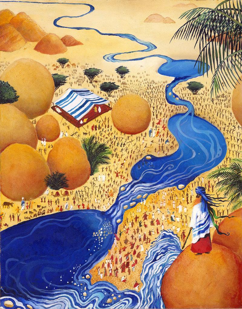 Chukat: illustrated Torah portions, Bible art, Old Testament art, Book of Numbers - Parshat Chukat - Moses has just hit the rock, and water gushes out, creating beautiful pools in the parched desert. The People celebrate below.