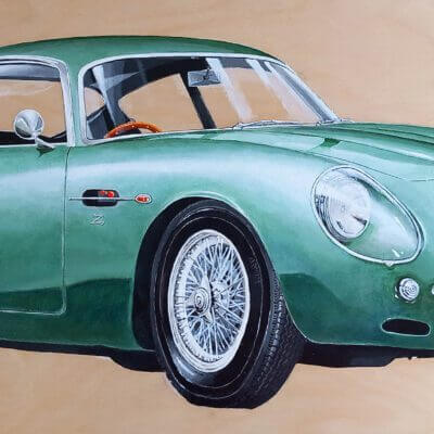 Aston Martin DB4 Zagato artwork by Darius Gilmont. Classic car painting on wood panel.