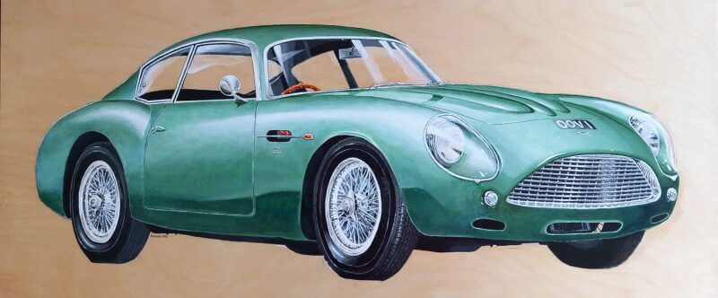 Aston Martin DB4 Zagato artwork by Darius Gilmont. Classic car painting on wood panel.