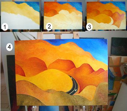 Promised Land, work in progress,Jewish art original painting: painting process photos, showing the development of the artwork "Entering the Promised Land". Originally a view of the Judaean desert.