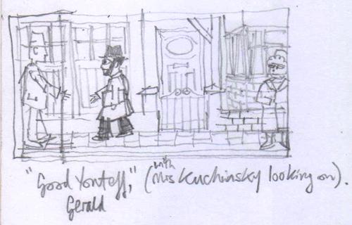 sketch for a naive narrative painting - people meeting after shul, in Edgware
