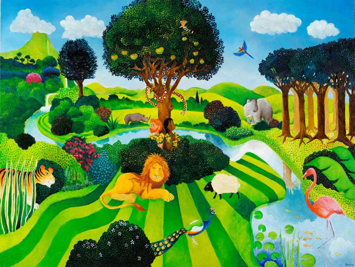 Biblical art for sale: illustrated Torah portions, Bible art, Old Testament art, The Garden of Eden in an idealised and manicured version, in a naive style, with a Rousseau tiger!