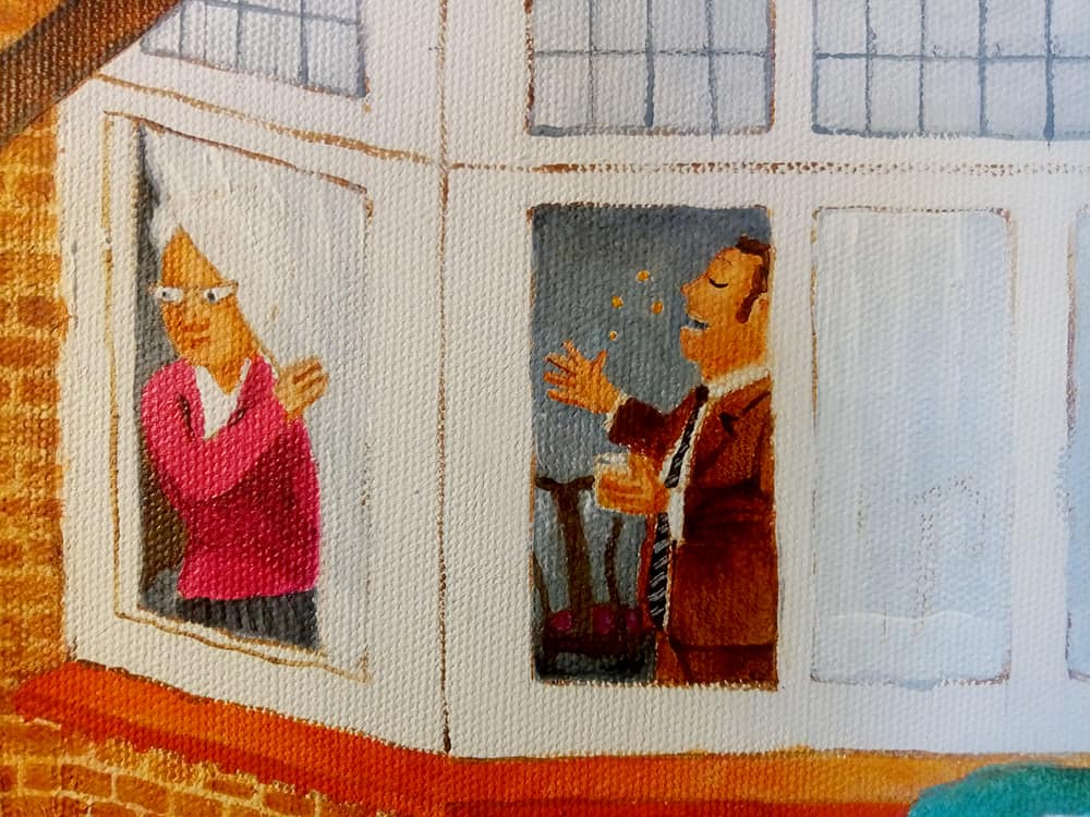Naïve art: Looking out the window at passers-by