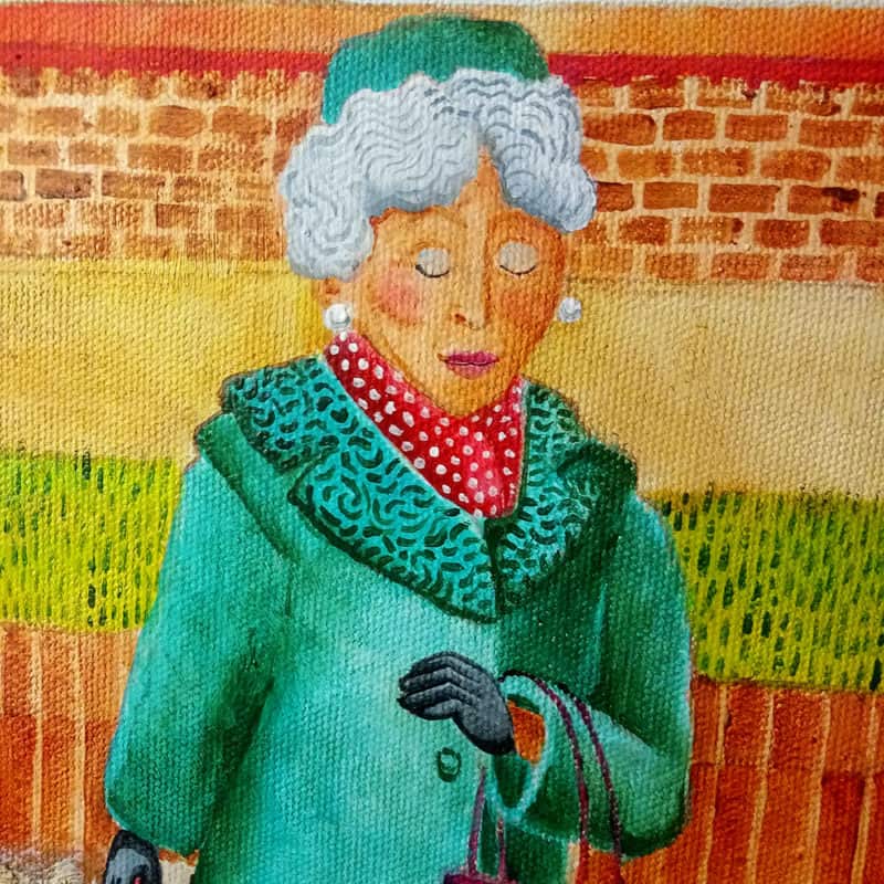 Naïve art, a lady walking her dog (detail)