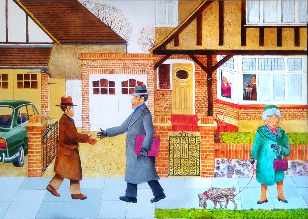 Naïve art: A suburban street-scene in Edgware, circa 1974. Two men are greeting each other after shul on a Saturday morning. A woman is walking her dog nearby. All are watched by a curious neighbour from behind the curtains.