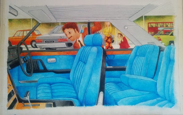 Automotive art: Interior of the Fiat 130 Coupe being admired by prospective buyers in a London showroom.
