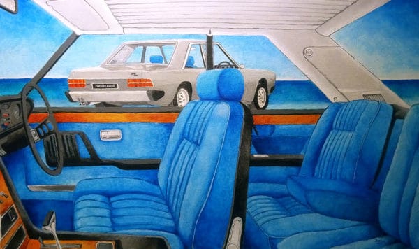 Automotive art: Interior and exterior of Fiat 130 Coupe (1974)