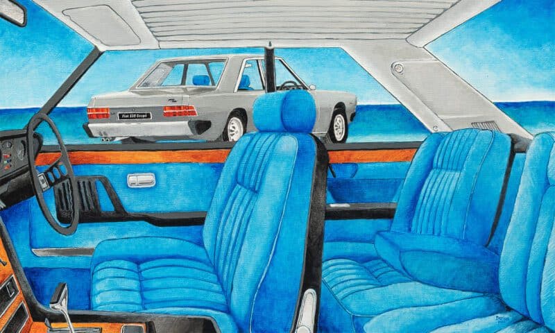 Original automotive art: Fiat 130 Coupe designed by Pininfarina; interior and exterior views.