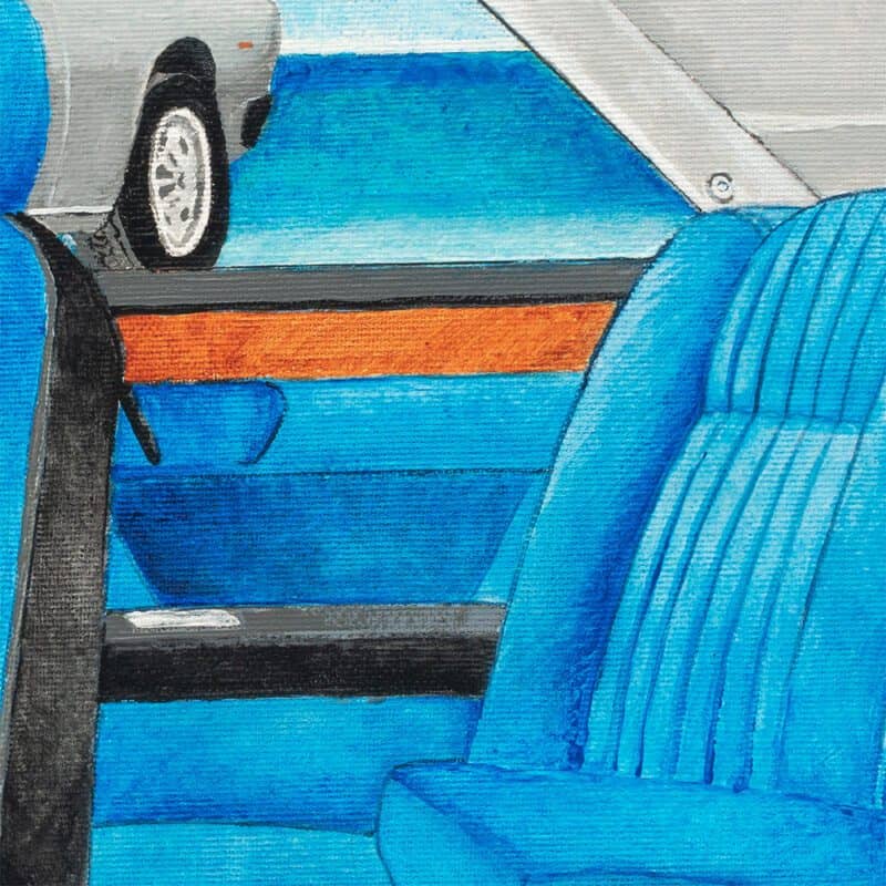 Original automotive art: Fiat 130 Coupe designed by Pininfarina; interior and exterior views (detail of rear seat).