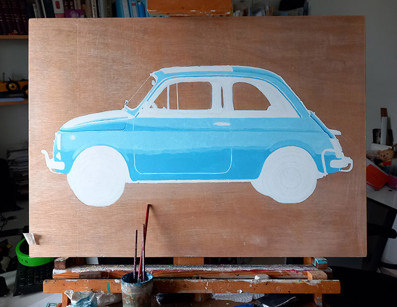 An initial rough painting of the Fiat 500.