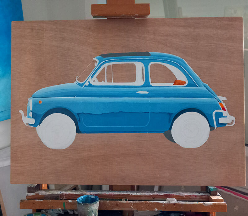 Fiat 500 painting: "work in progress" photo, showing half-finished painting of this 1965 car.