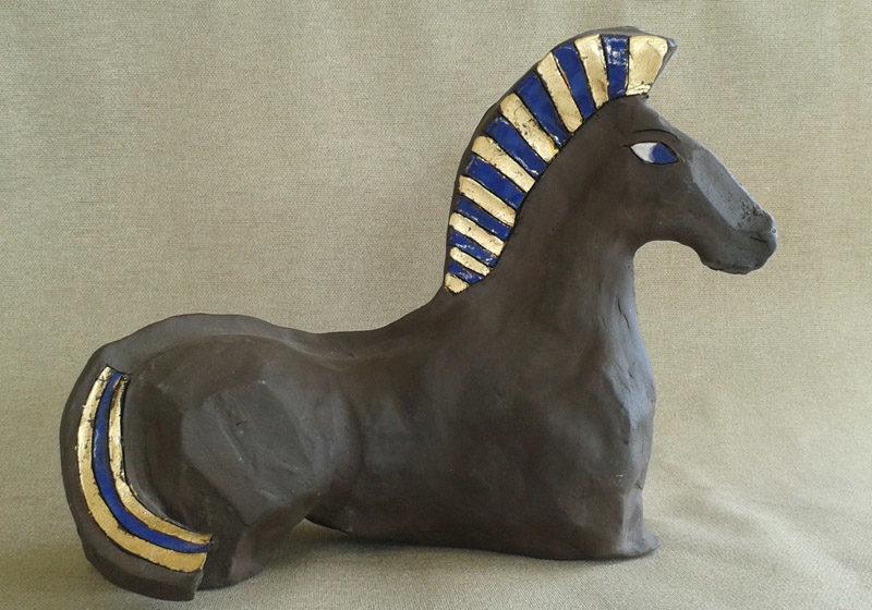 Egyptian Royal Horse, Dark brown ceramic sculpture with crested mane in blue and gold stripes