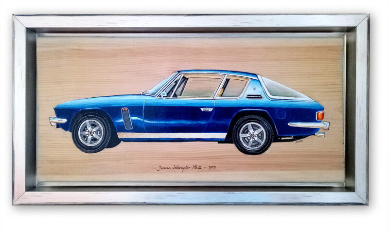 Classic car painting on wood: Jensen Interceptor