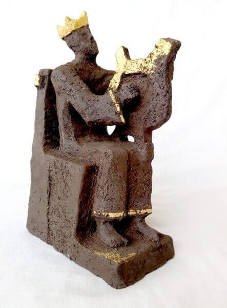 Israeli Art Seated King With Harp Ceramic King David Sculpture