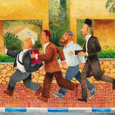 Jewish art: Orthodox Jewish men run to shul (synagogue) along a street in Israel.