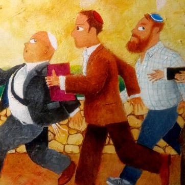 Jewish humorous art, Late for Shul,, Jewish men running, painting in progress,