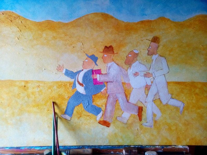 Jewish humorous art, late for shul, painting in progress