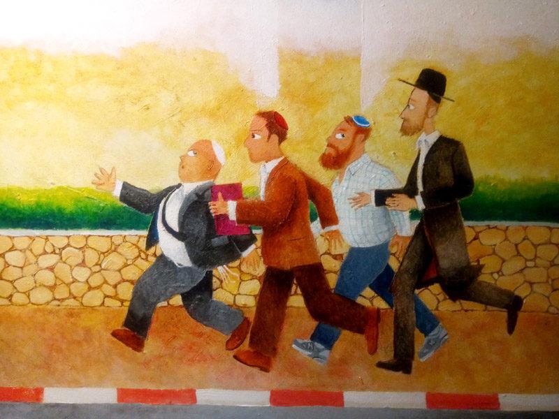 Jewish humorous art, late for shul, painting in progress