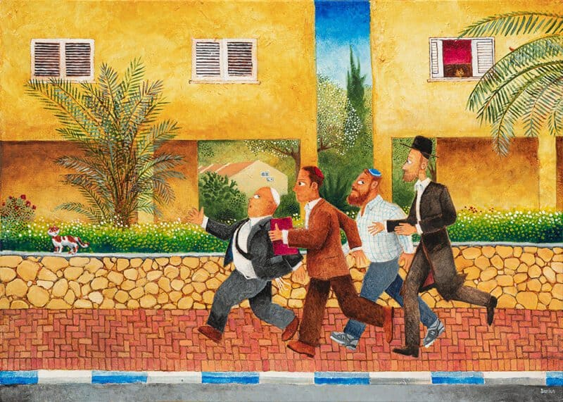Jewish art piece showing Orthodox Jewish men running to shul (synagogue) on a street in Israel. Two cats look on.