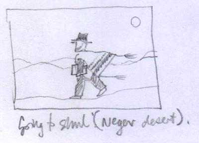 pencil sketch for painting, showing a man going to shul in a desert setting