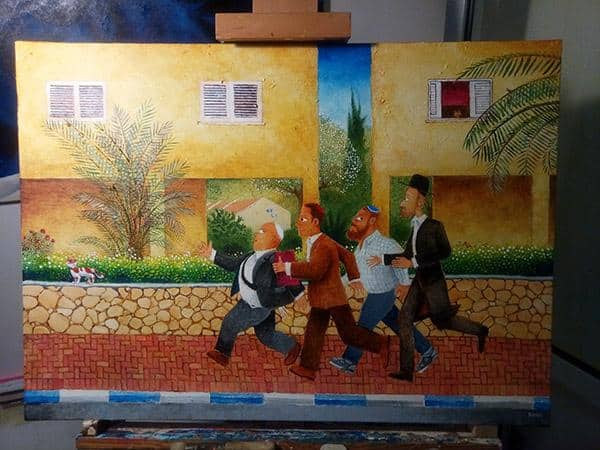 Jewish humorous art, men running to shul in Raanana