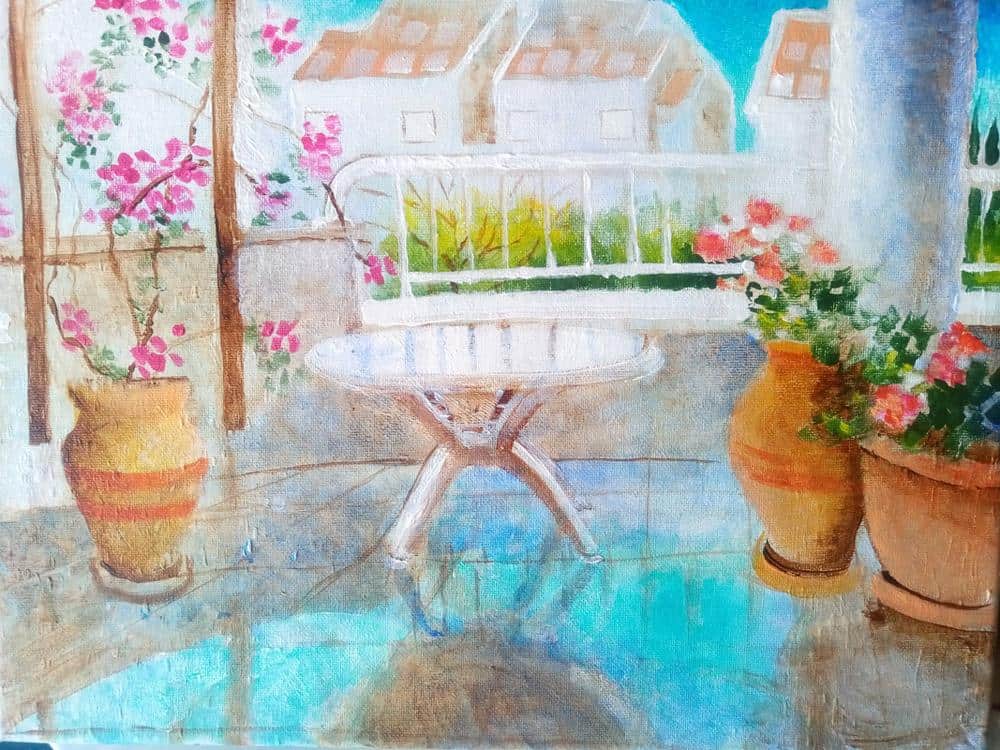 Mediterranean Balcony Garden, plein-air painting in acrylic, "After Rain," showing geraniums, bougainvillea, blue sky, white buildings, rain reflections on terrace.