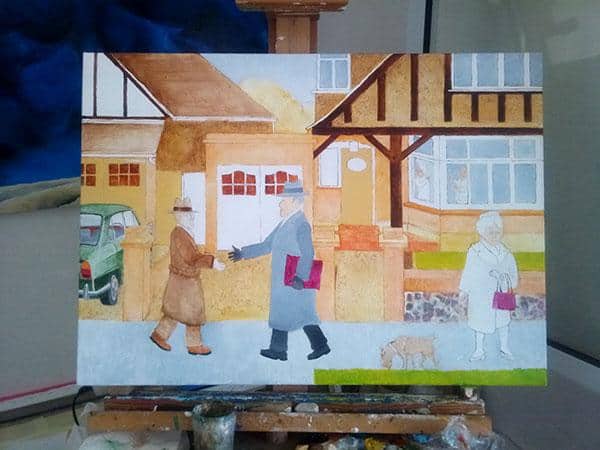 Naive narrative painting set in Edgware. Two Jewish men greet each other in the street, on their way home from synagogue.